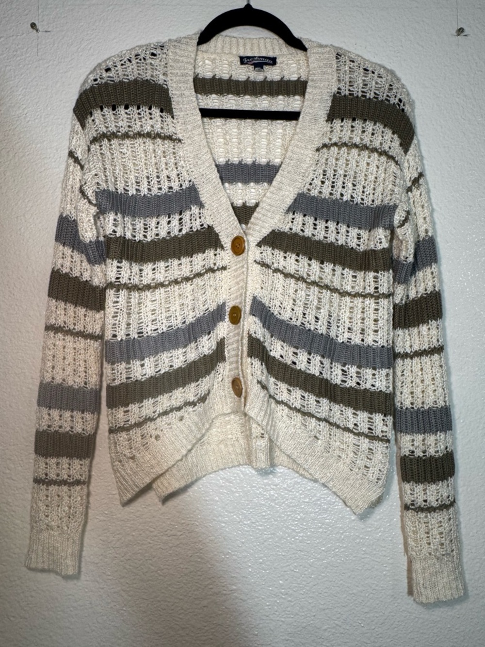 Freshman Cream, Gray & Olive Striped Open-Knit Cardigan